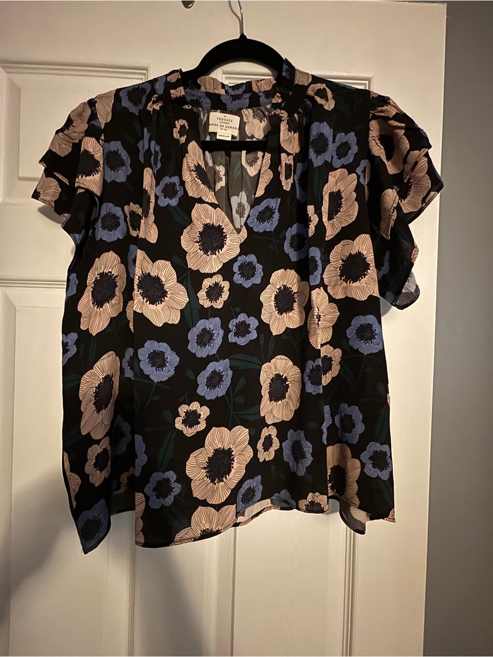 Trovata Black Floral Flutter-Sleeve Blouse with Cream & Blue Flowers